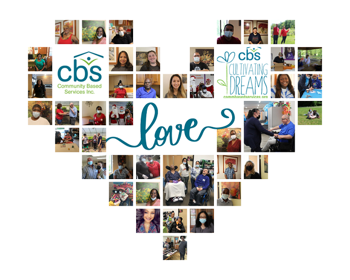 A photo collage of pictures of CBS direct support professionals in the shape of a heart