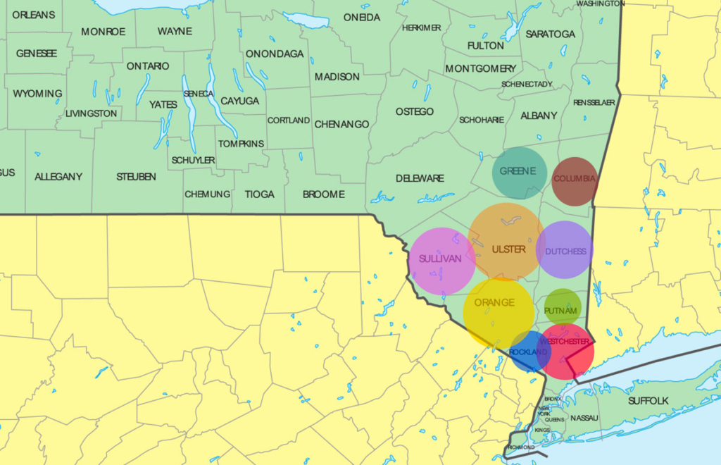 Map of New York with circles over the counties that CBS runs programs