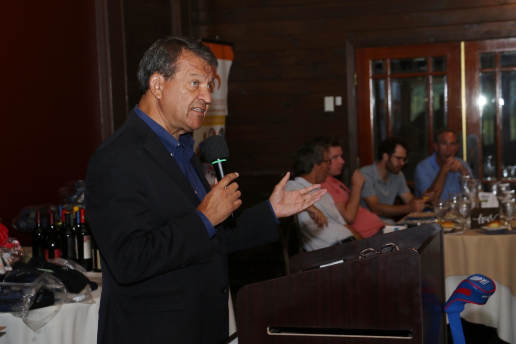 Westchester County Executive George Latimer speaks in front of an audience at Hollow Brook Golf Club during the CBS Golf event.