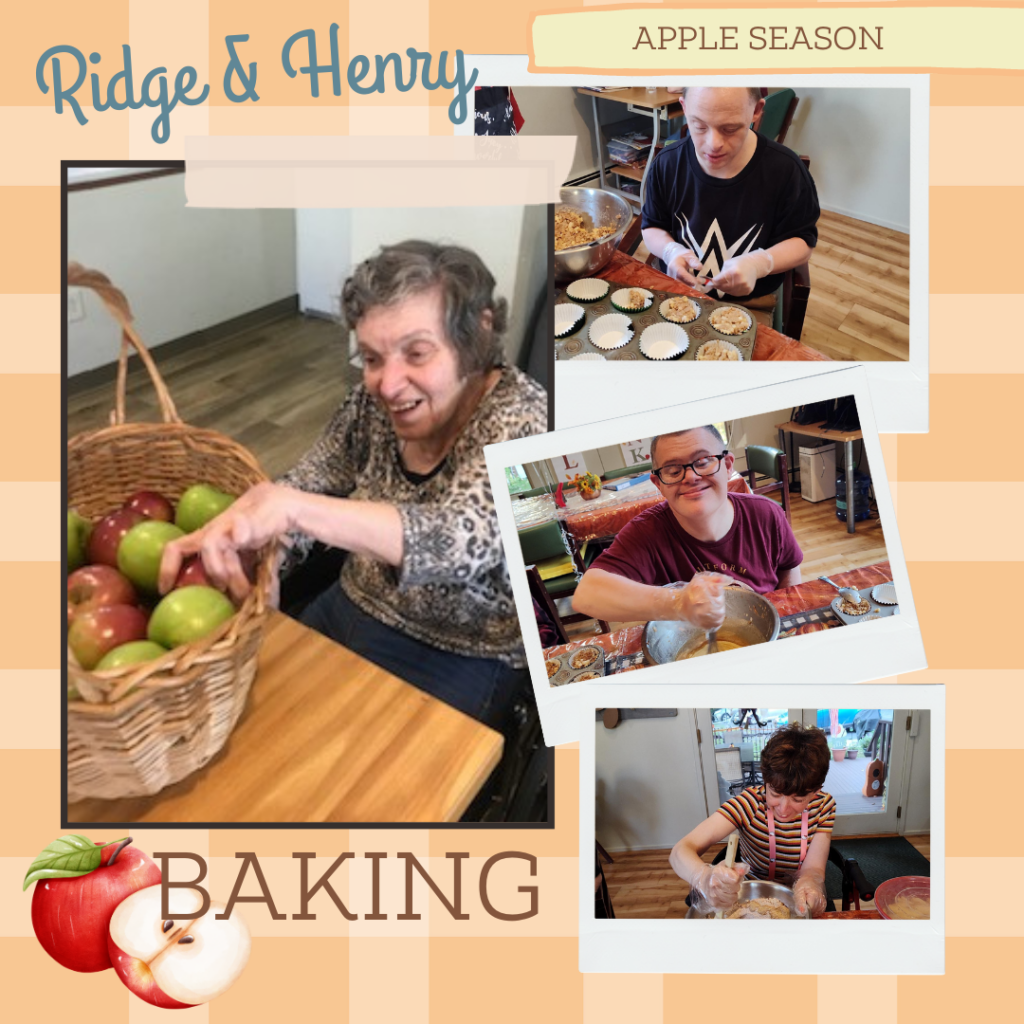 photo collage of people in residential home baking with apples