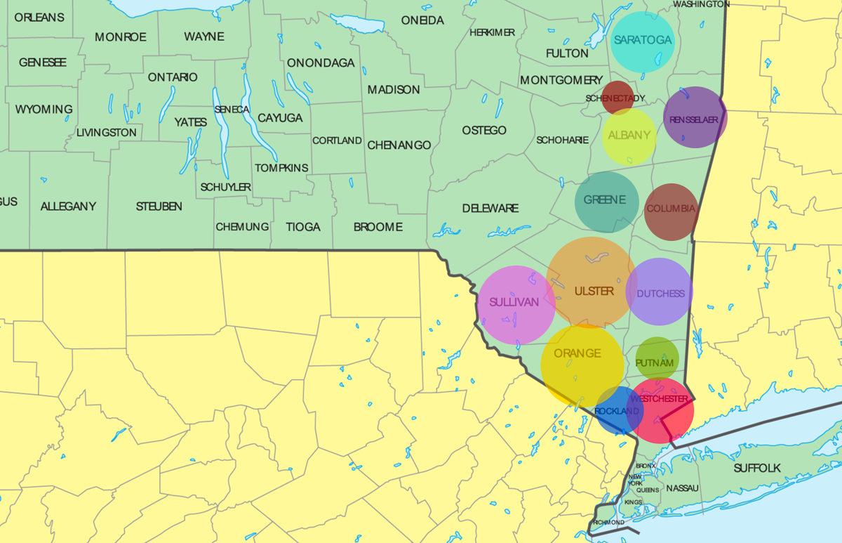 Map of counties in Hudson Valley and Capital Region of New York State