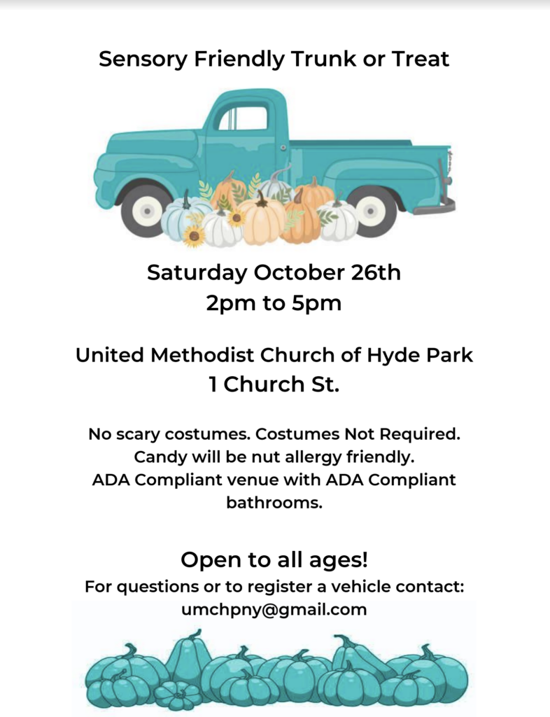 Halloween event with no scary costumes and nut free candy at united methodist church of hyde park on 1 church street, 2-5pm