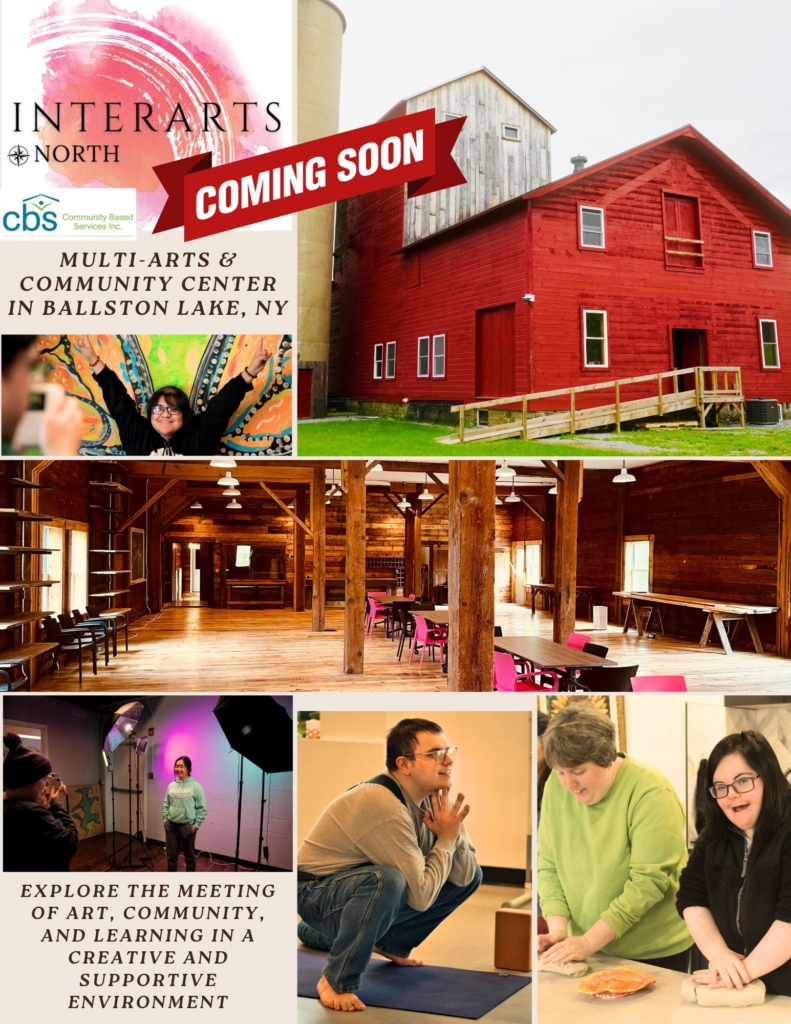 InterArts North flyer, featuring a large red barn, a photo of the building's interior community room which is wooded and rustic, and images of people engaged in photography, yoga and ceramics.