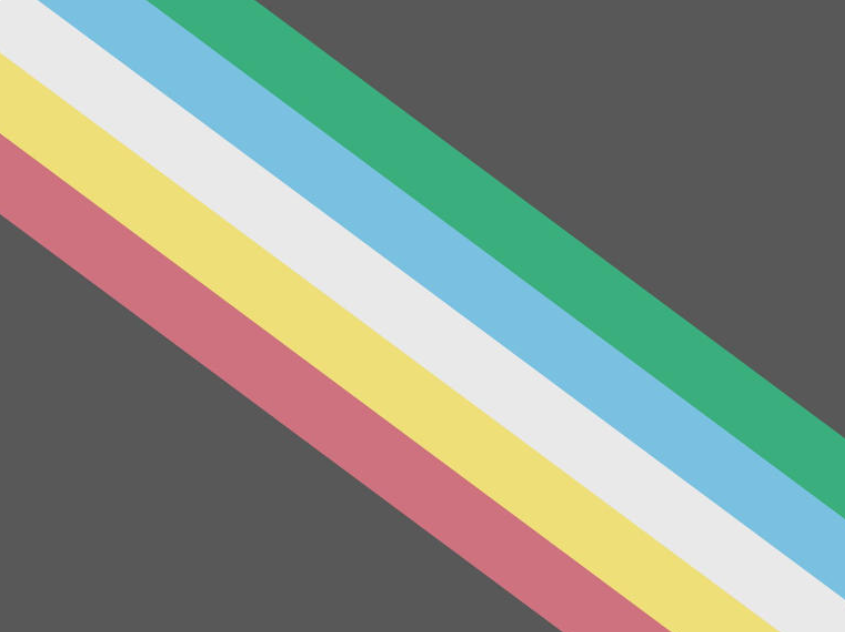 Disability Pride flag with a diagonal band made up of red, yellow, white, blue and green stripes on a black background.