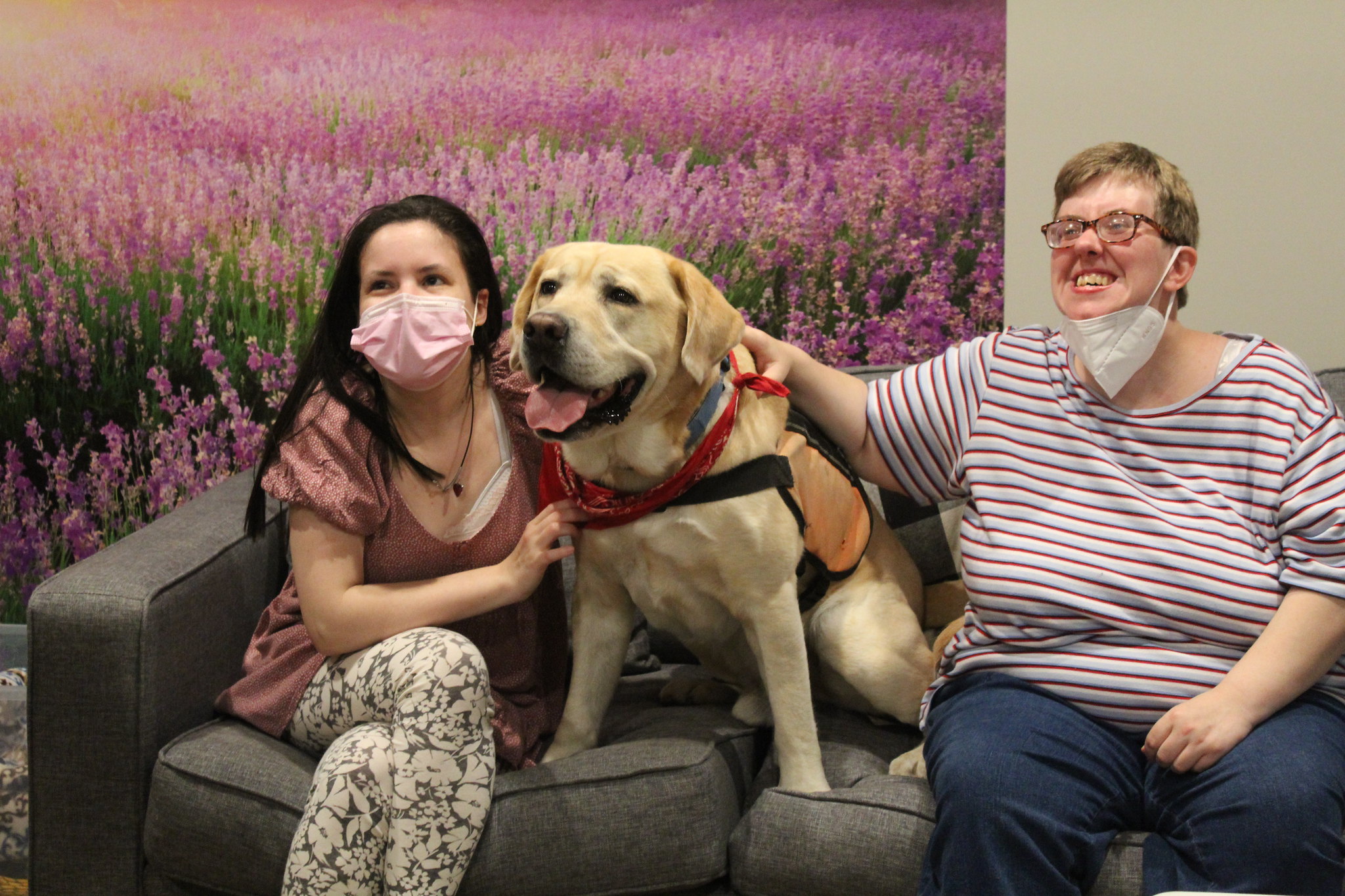 People supported by CBS sit with a therapy dog on a comfortable couch in front of a mural of pink flowers.