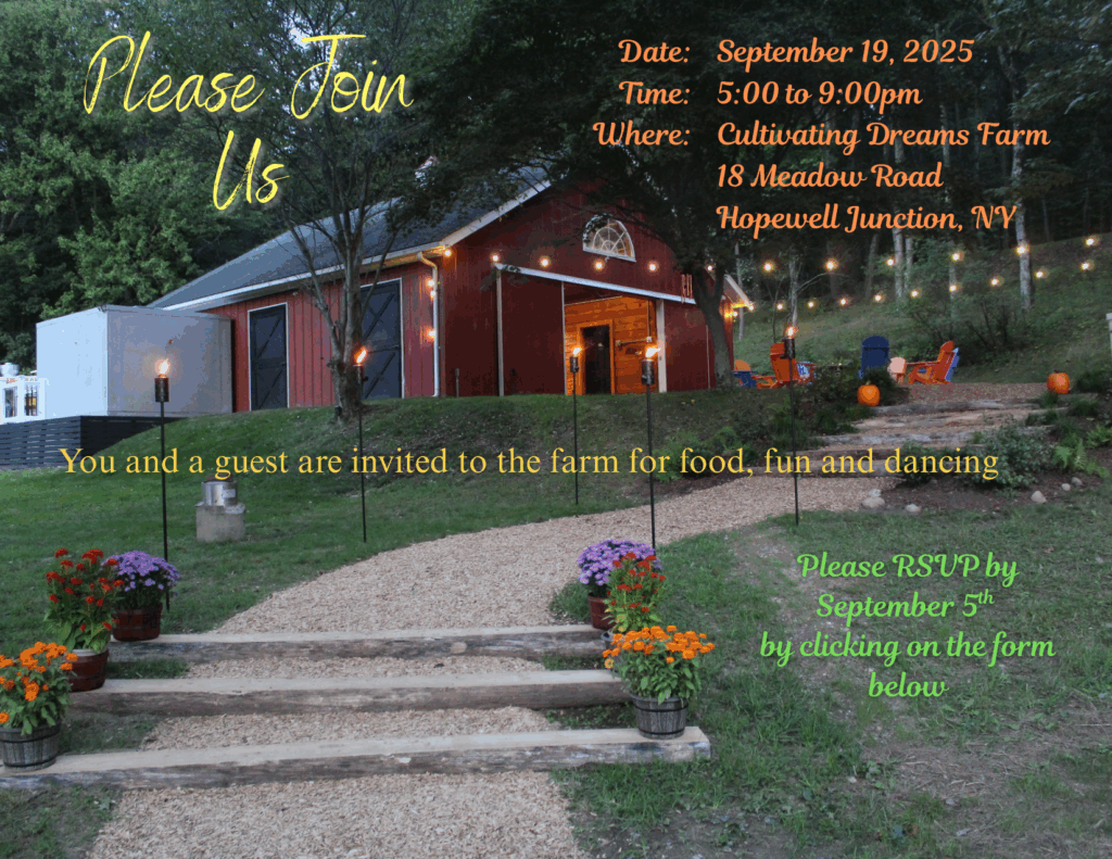 Invitation for Food and Fun at Cultivating Dreams Farm. Picture of steps leading up to red barn with string lights and red and purple mums. 