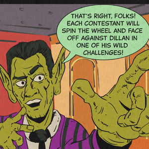 The green goblin like game show host in a purple striped suit announces the rules of the game.
