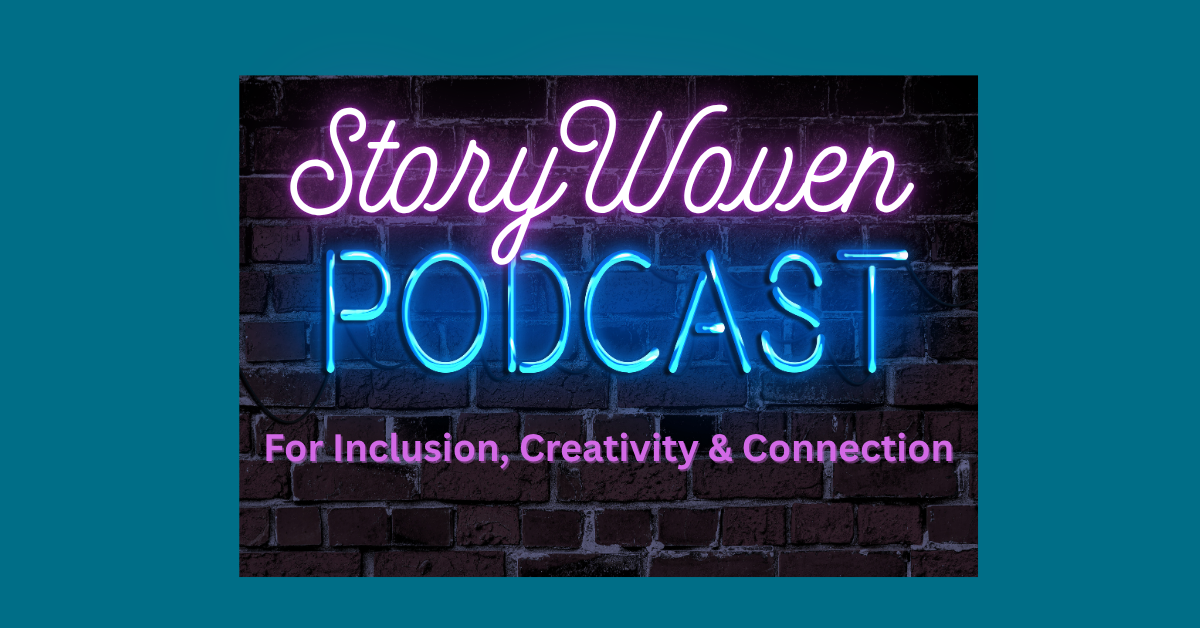 A pink and blue neon sign that says StoryWoven Podcast on a brick wall.