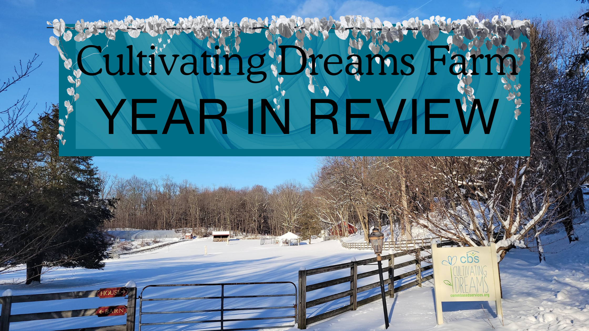 An image of snow covered field of cultivating dreams farm with the sign and fence in the foreground. Text is "Cultivating Dreams Farm Year in Review"