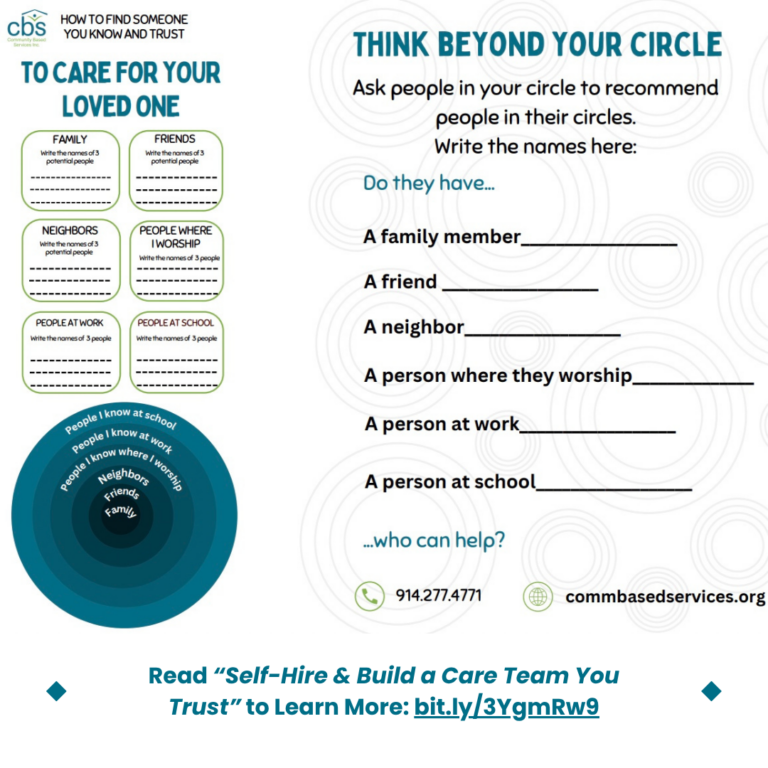 An infographic with instructions to find someone to care for your loved one in your personal circles and to think outside your circle to the people others may know.