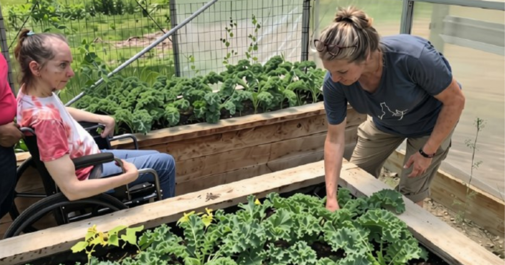 A woman in a wheelchair experiences the greenhouse raised beds at Cultivating Dreams Farm. Another women bends over the raised bed of kale and works with the plants.