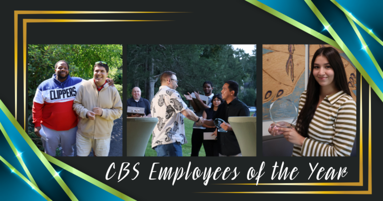 Photos of the Employees of the Year, Chamar, Aaron and Jennah on a black background with a gold frame and blue and green ribbon in the corners.