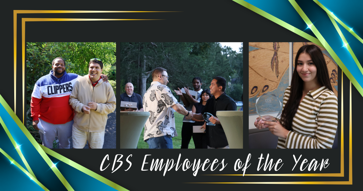 Photos of the Employees of the Year, Chamar, Aaron and Jennah on a black background with a gold frame and blue and green ribbon in the corners.